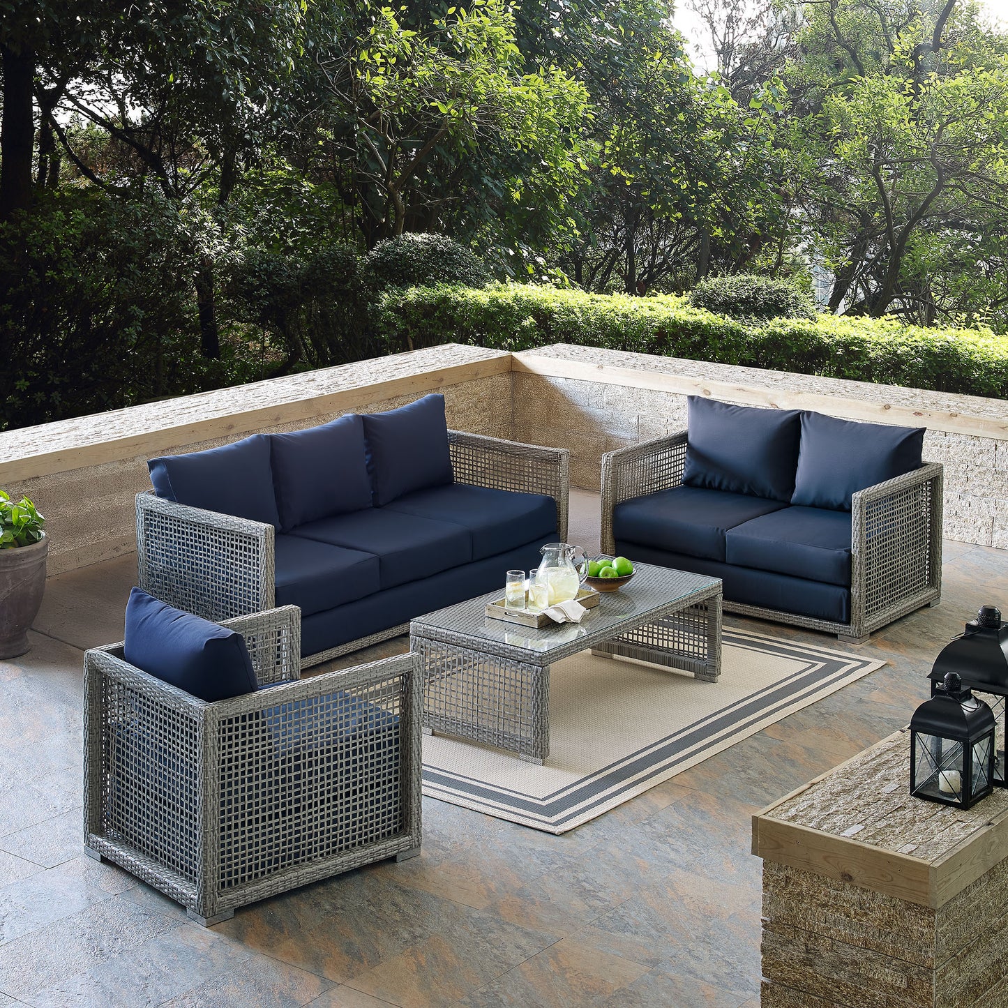Aura 4 Piece Outdoor Patio Wicker Rattan Conversation Set in Gray Navy by Modway (3596)