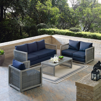 Aura 4 Piece Outdoor Patio Wicker Rattan Conversation Set in Gray Navy by Modway (3596)
