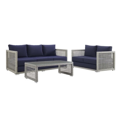 Aura 3 Piece Outdoor Patio Wicker Rattan Conversation Set in Gray Navy by Modway (3598)