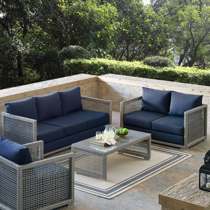 Aura 3 Piece Outdoor Patio Wicker Rattan Conversation Set in Gray Navy by Modway (3598)