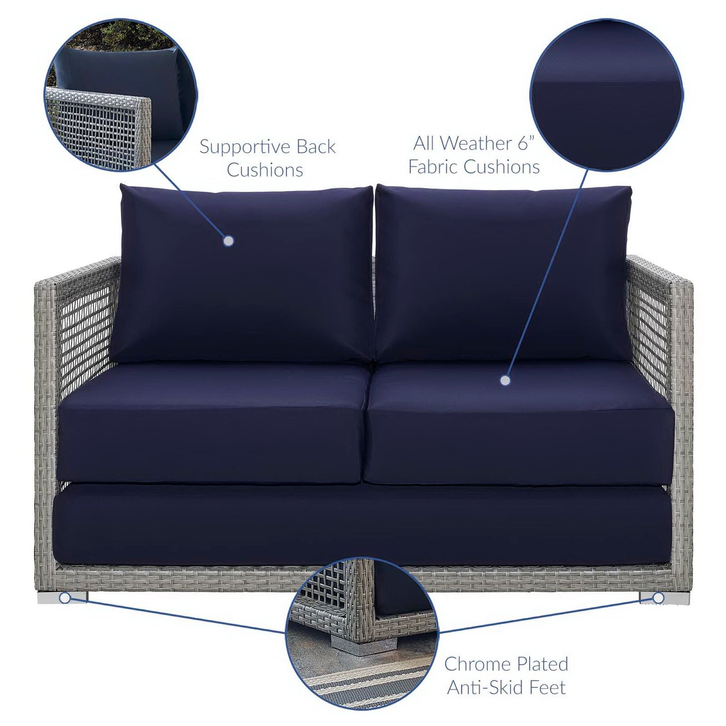 Aura 3 Piece Outdoor Patio Wicker Rattan Conversation Set in Gray Navy by Modway (3598)
