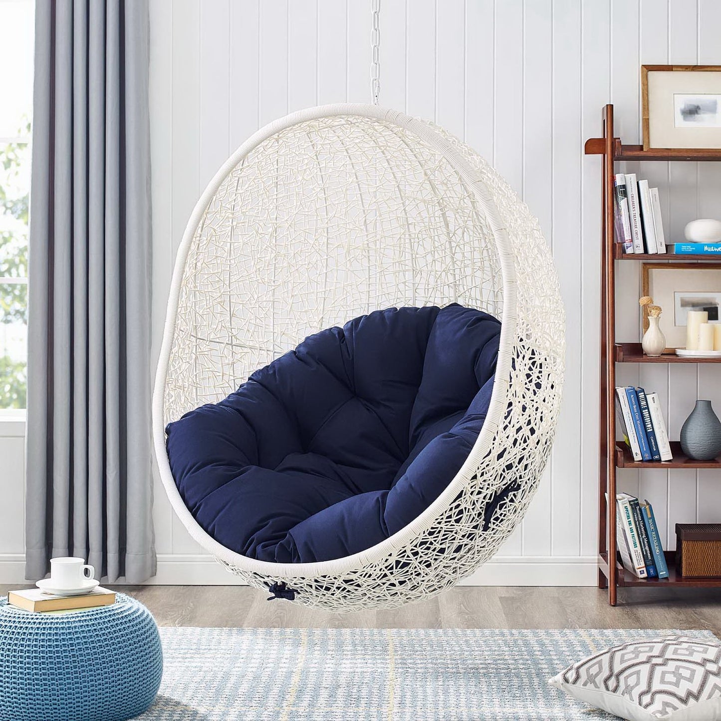 Hide Sunbrella Fabric Swing Outdoor Patio Lounge Chair Without Stand in White Navy by Modway (3634)