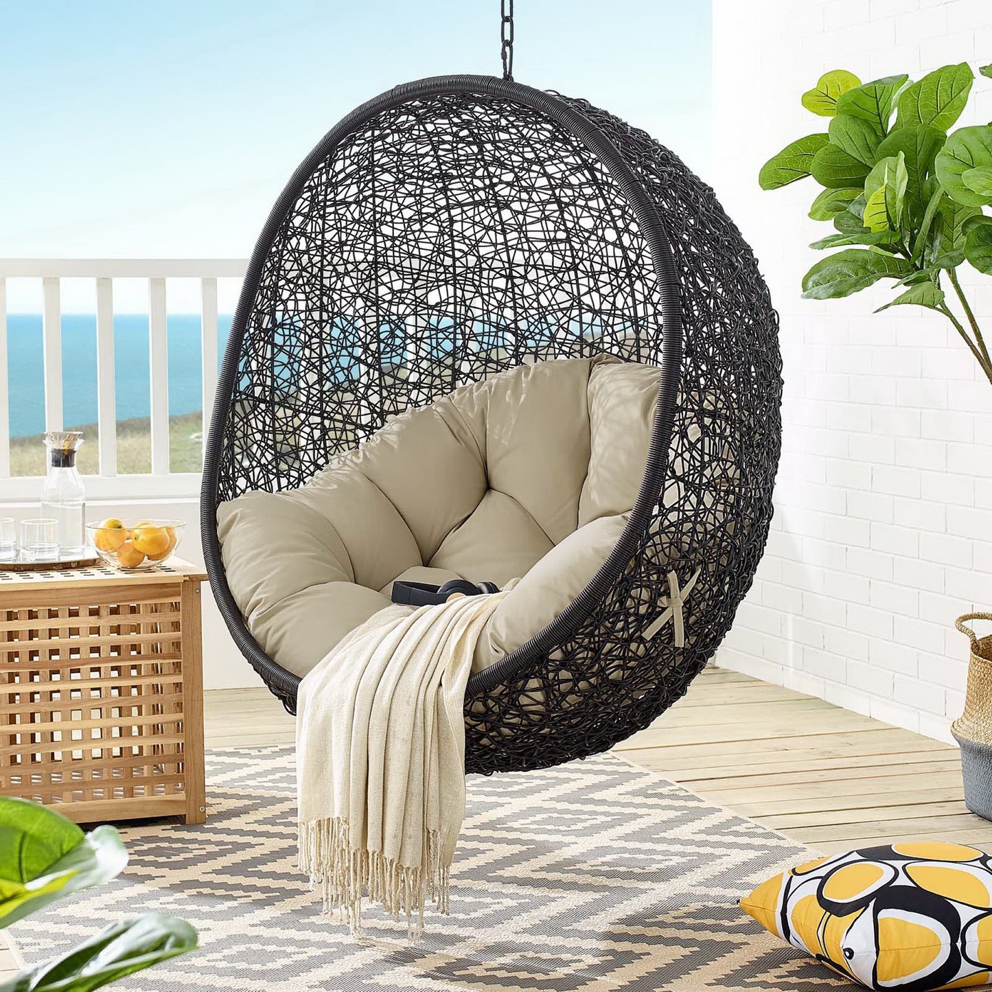 Encase Sunbrella Fabric Swing Outdoor Patio Lounge Chair Without Stand in Black Beige by Modway (3635)