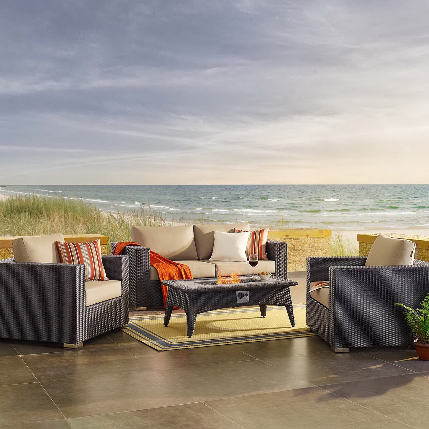 Convene 4 Piece Set Outdoor Patio with Fire Pit in Espresso Beige by Modway (EEI-3725)