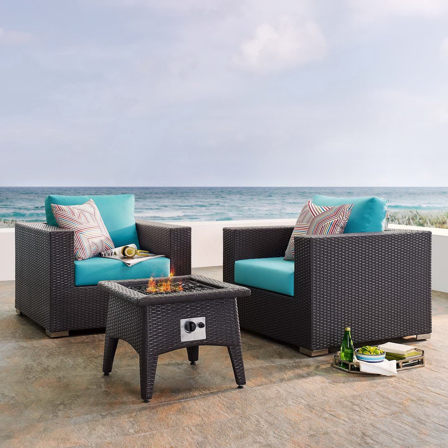 Convene 3 Piece Set Outdoor Patio with Fire Pit in Espresso Turquois by Modway (EEI-3727)