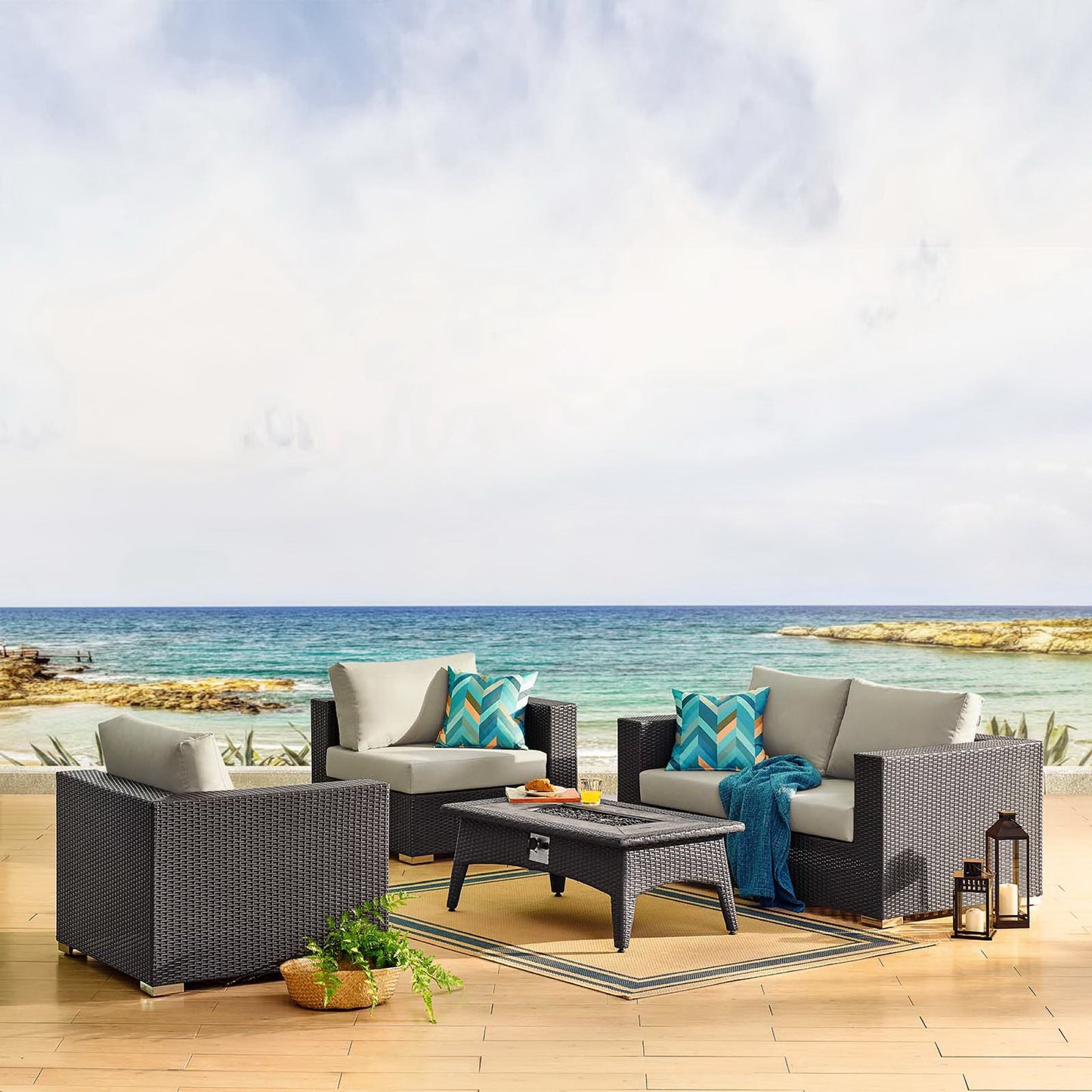 Convene 5 Piece Set Outdoor Patio with Fire Pit in Espresso Beige by Modway (EEI-3728)
