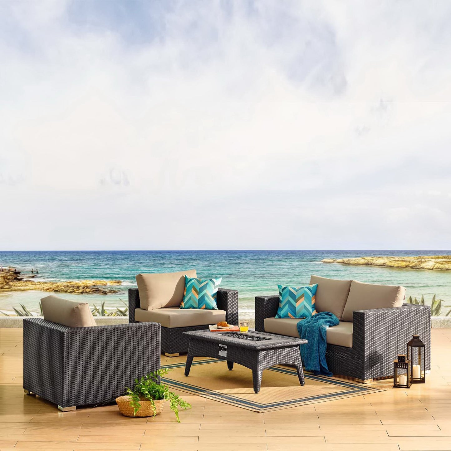 Convene 5 Piece Set Outdoor Patio with Fire Pit in Espresso Mocha by Modway (EEI-3728)
