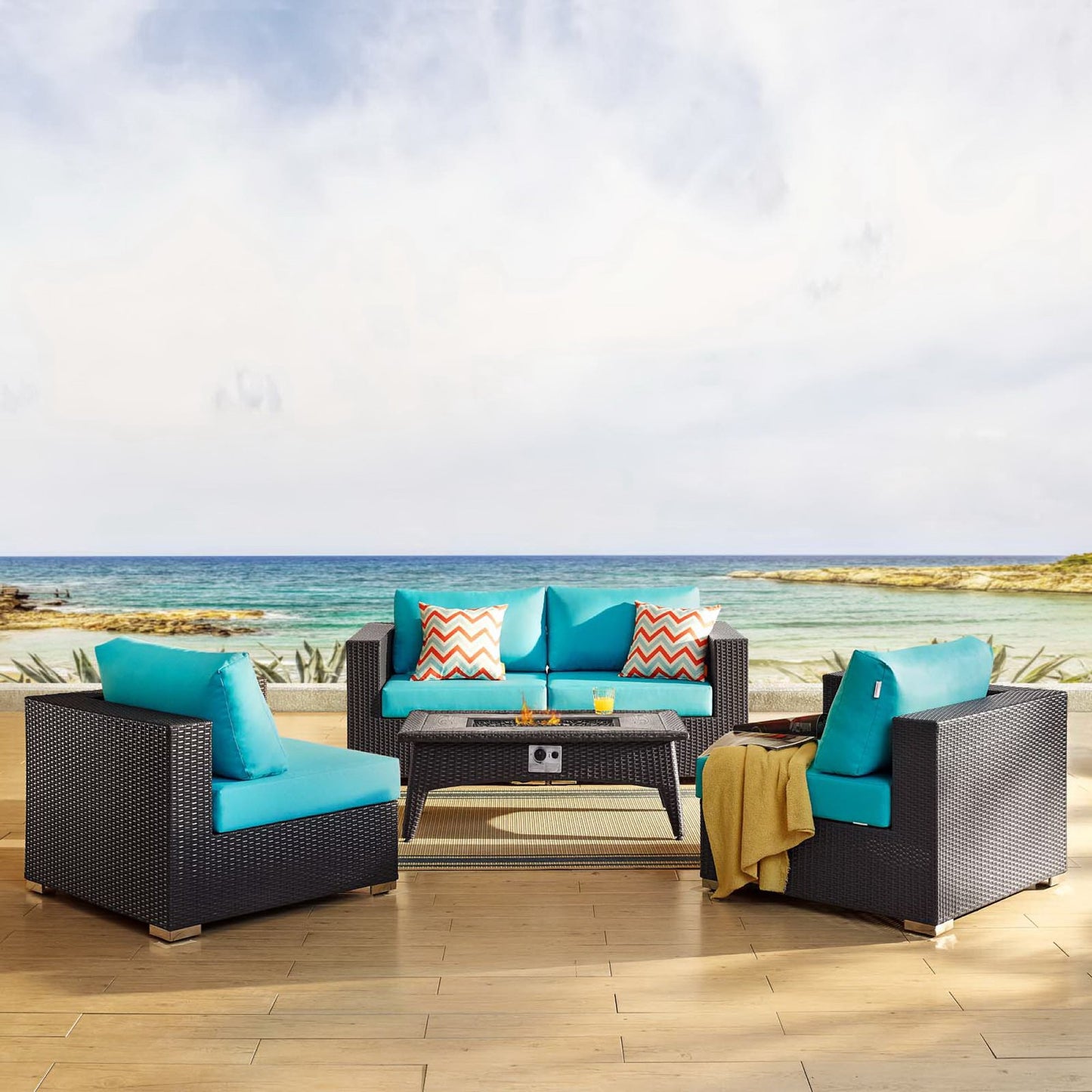 Convene 5 Piece Set Outdoor Patio with Fire Pit in Espresso Turquoise by Modway (EEI-3728)