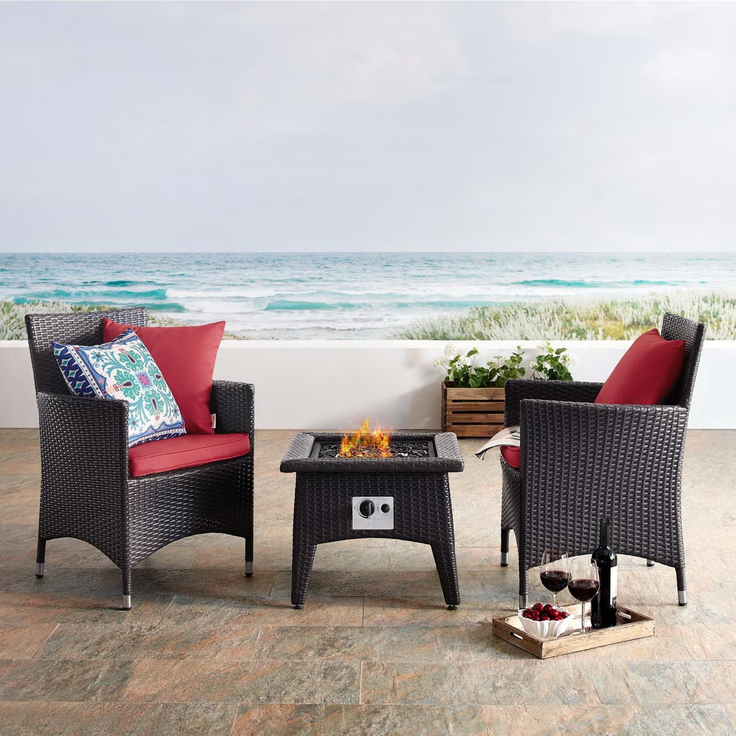 Convene 3 Piece Set Outdoor Patio with Fire Pit in Espresso Red by Modway (EEI-3729)