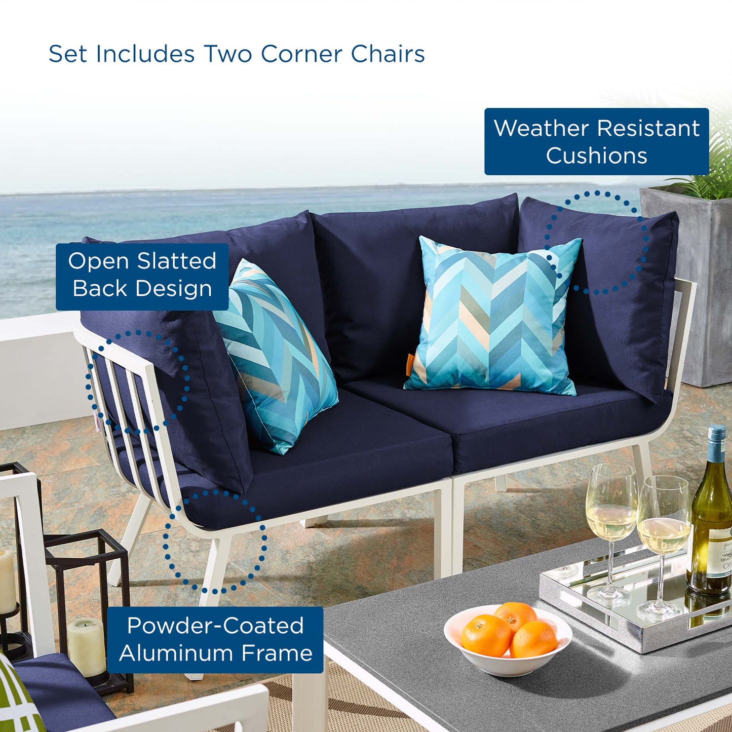 Riverside 2 Piece Outdoor Patio Aluminum Sectional Sofa Set in White Navy by Modway (3781)
