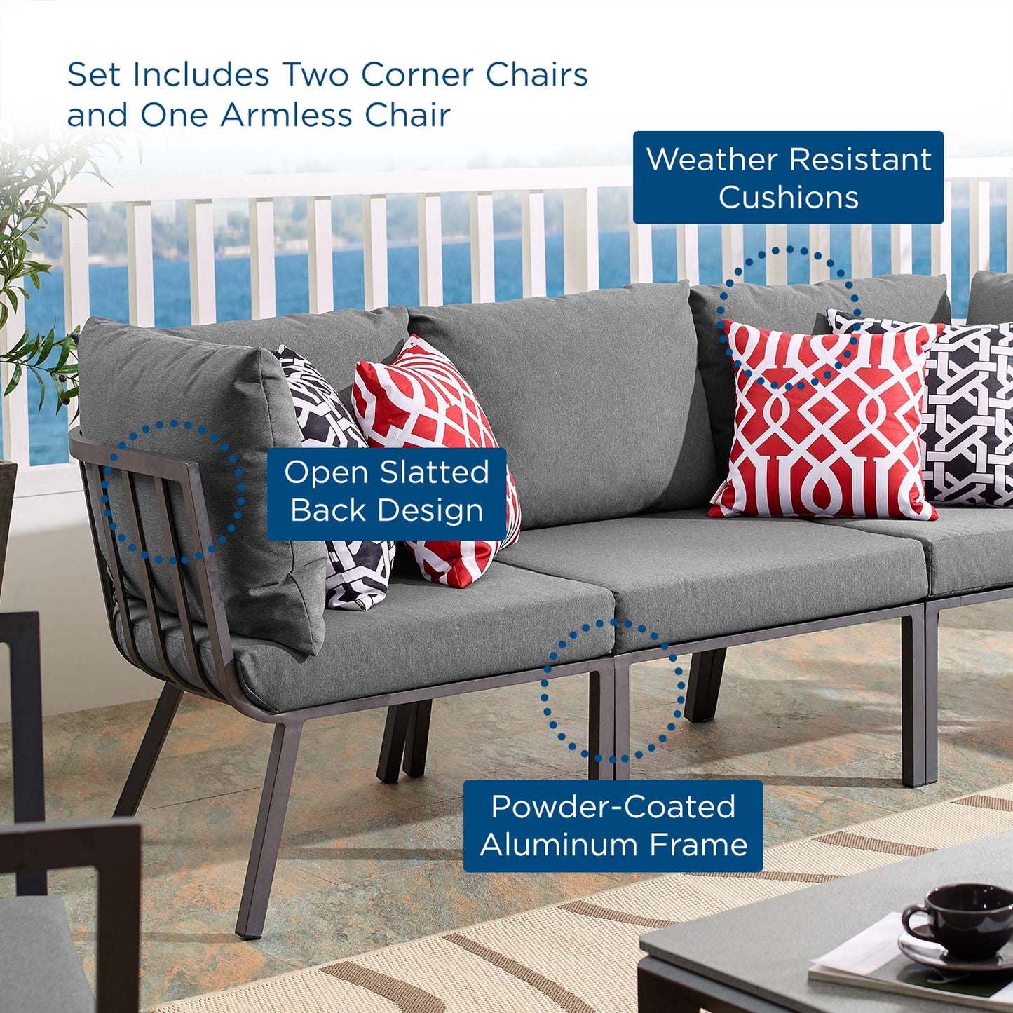 Riverside 3 Piece Outdoor Patio Aluminum Sectional Sofa Set in Gray Charcoal by Modway (3782)