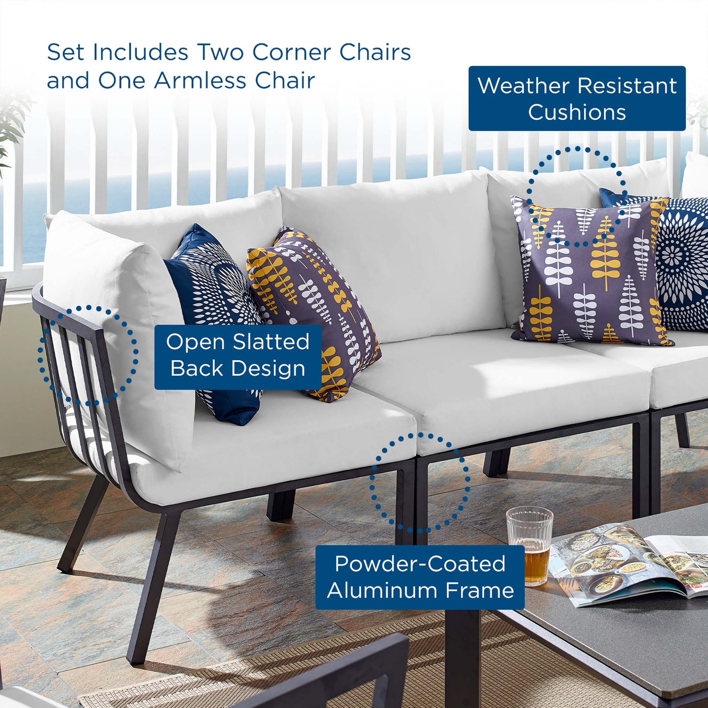 Riverside 3 Piece Outdoor Patio Aluminum Sectional Sofa Set in Gray White by Modway (3782)