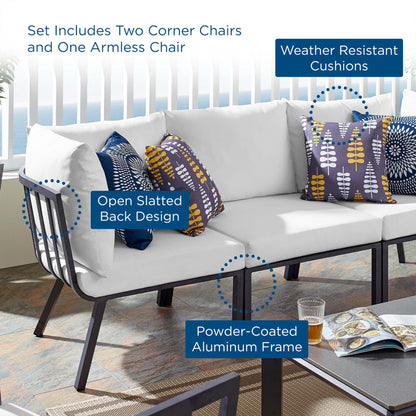 Riverside 3 Piece Outdoor Patio Aluminum Sectional Sofa Set in Gray White by Modway (3782)