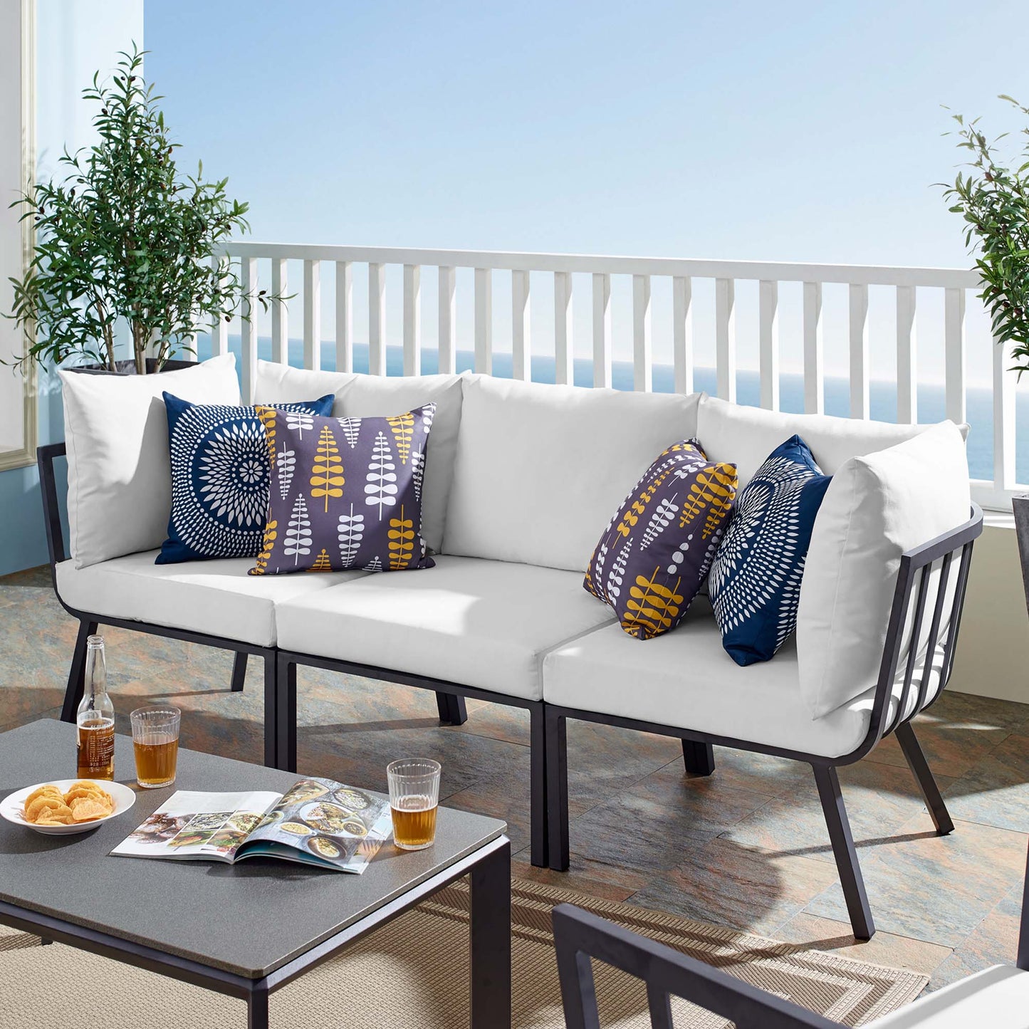 Riverside 3 Piece Outdoor Patio Aluminum Sectional Sofa Set in Gray White by Modway (3782)
