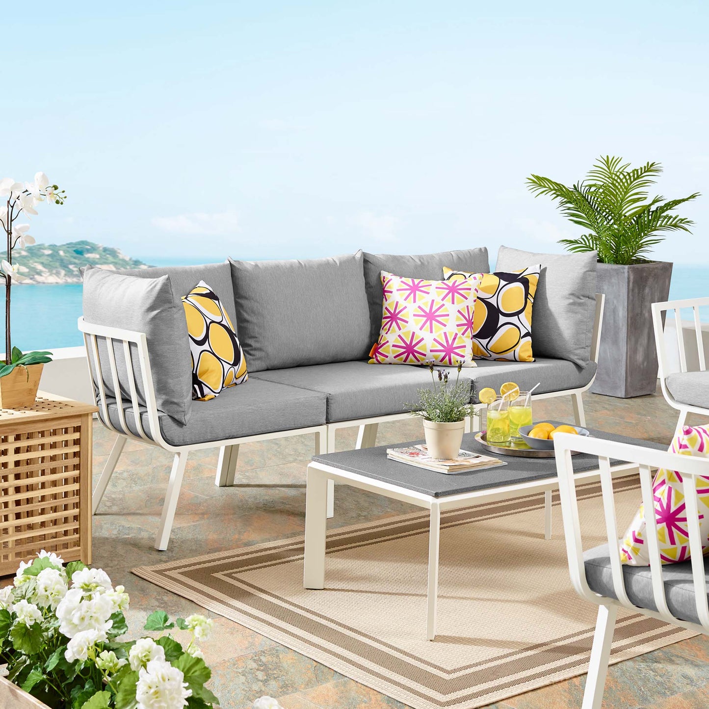 Riverside 3 Piece Outdoor Patio Aluminum Sectional Sofa Set in White Gray by Modway (3782)
