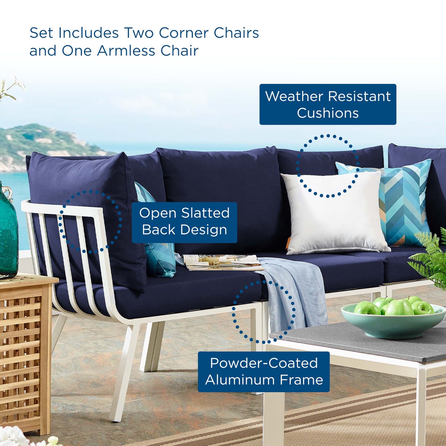Riverside 3 Piece Outdoor Patio Aluminum Sectional Sofa Set in White Navy by Modway (3782)