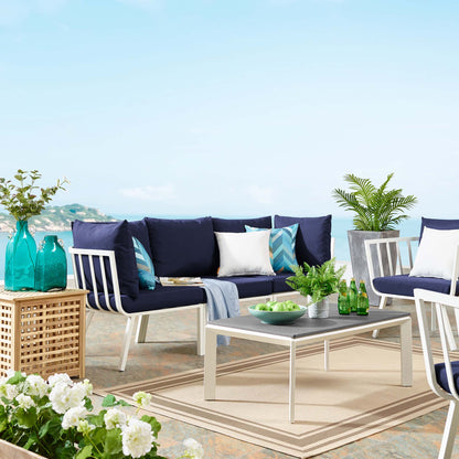 Riverside 3 Piece Outdoor Patio Aluminum Sectional Sofa Set in White Navy by Modway (3782)