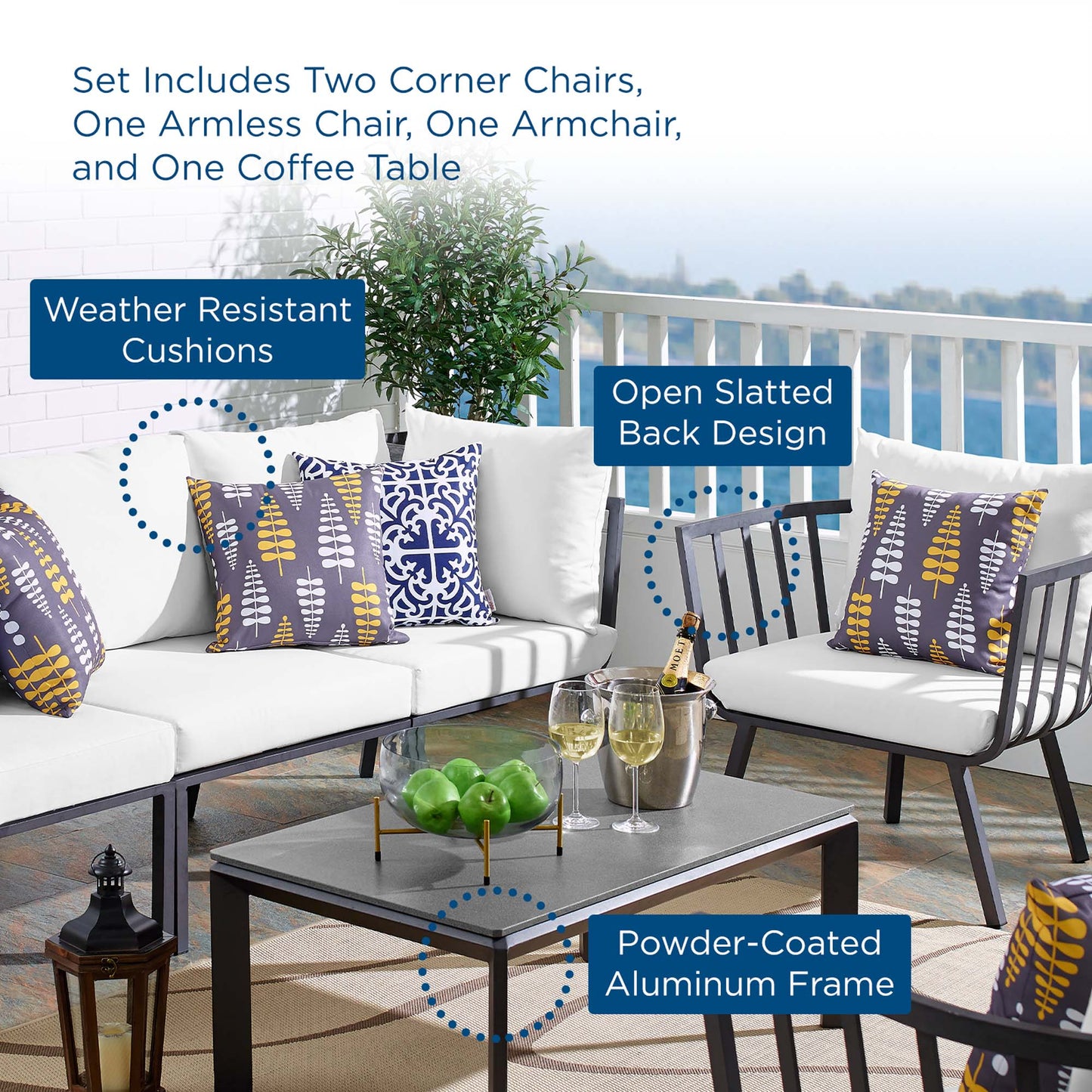 Riverside 5 Piece Outdoor Patio Aluminum Set in Gray White by Modway (3783)