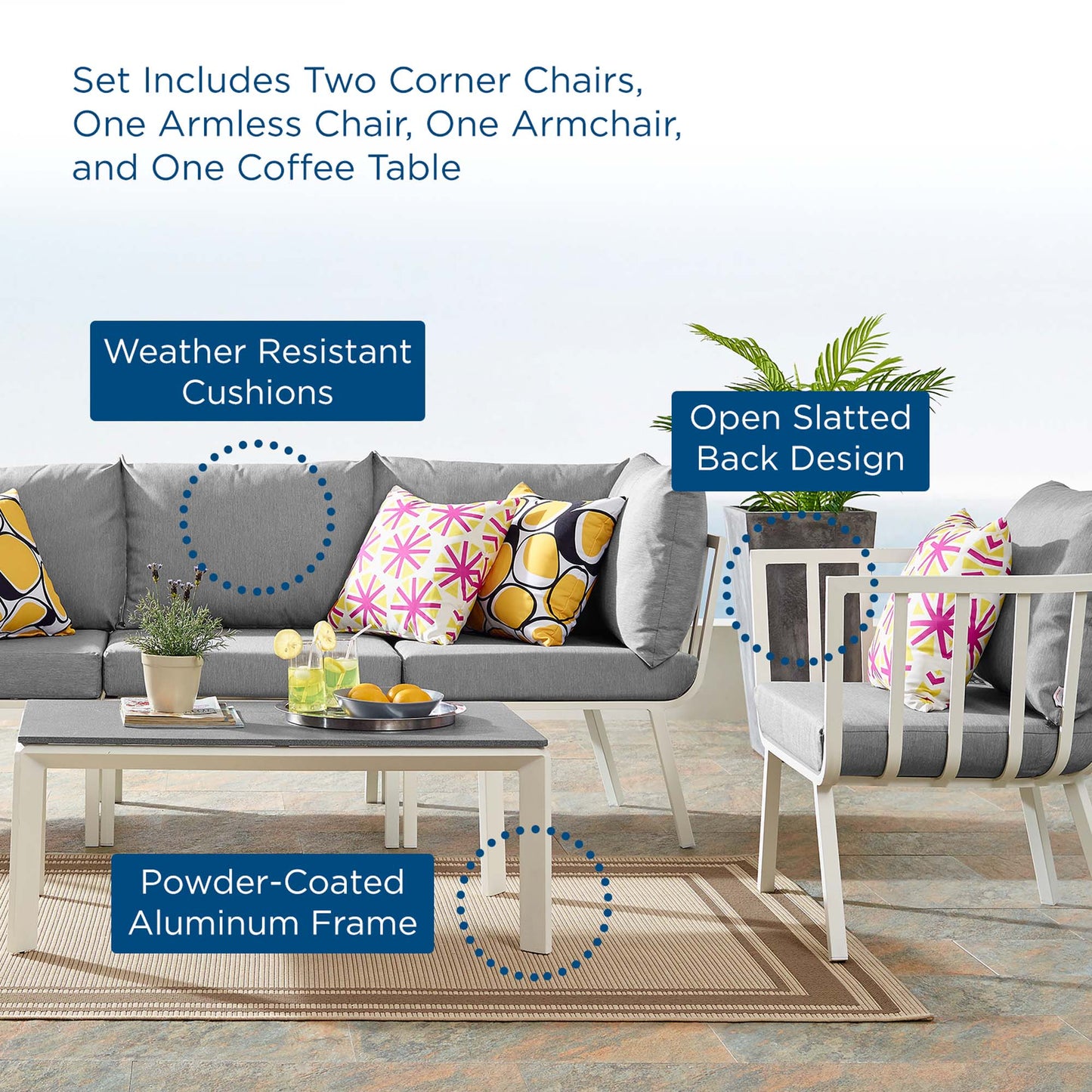 Riverside 5 Piece Outdoor Patio Aluminum Set in White Gray by Modway (3783)