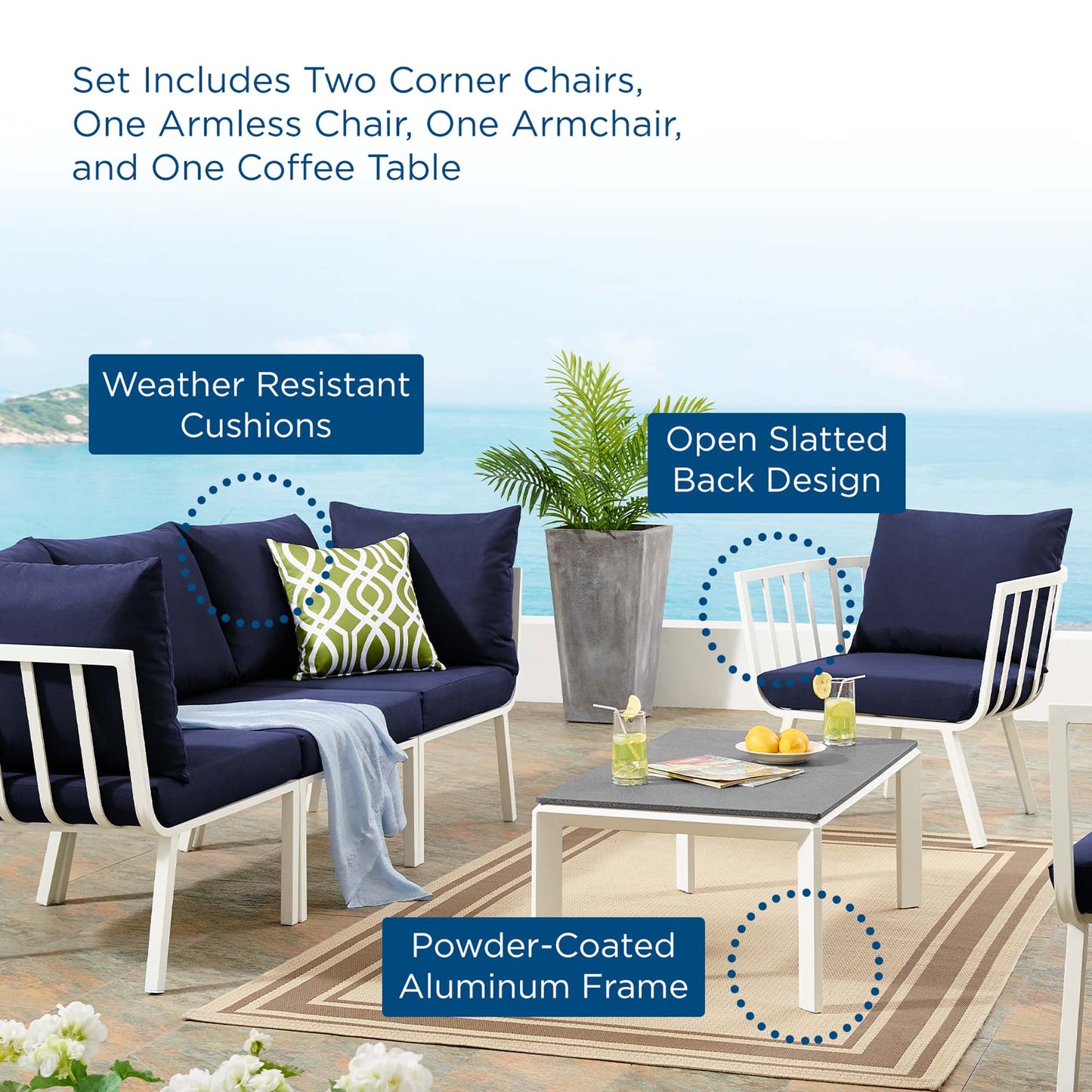 Riverside 5 Piece Outdoor Patio Aluminum Set in White Navy by Modway (3783)