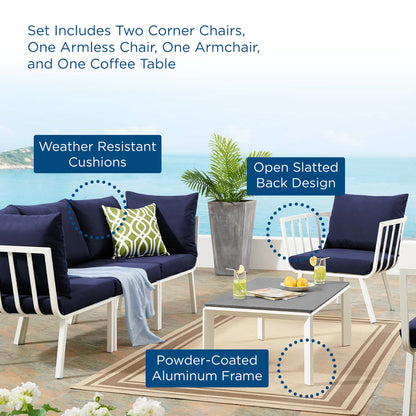 Riverside 5 Piece Outdoor Patio Aluminum Set in White Navy by Modway (3783)