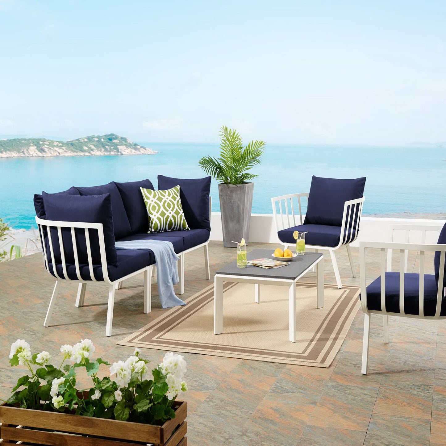 Riverside 5 Piece Outdoor Patio Aluminum Set in White Navy by Modway (3783)