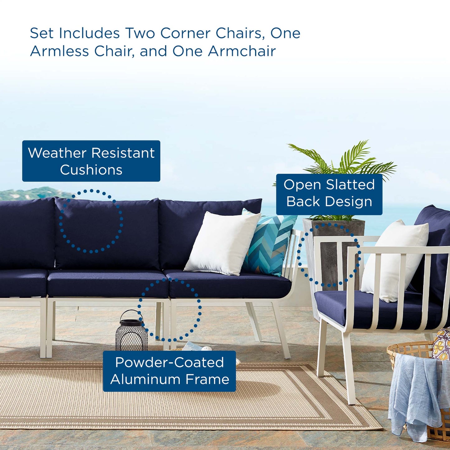 Riverside 4 Piece Outdoor Patio Aluminum Set in White Navy by Modway (3784)
