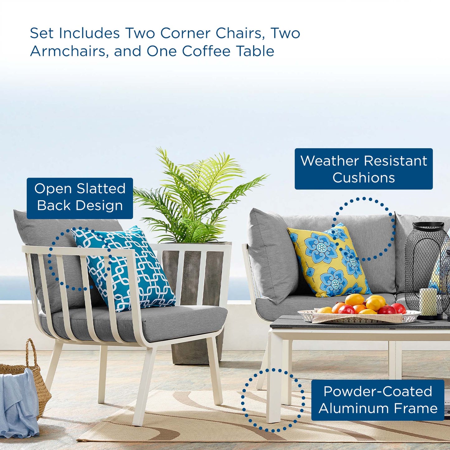 Riverside 5 Piece Outdoor Patio Aluminum Set in White Gray by Modway (3786)