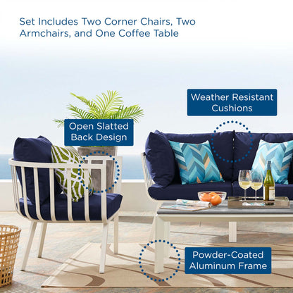 Riverside 5 Piece Outdoor Patio Aluminum Set in White Navy by Modway (3786)