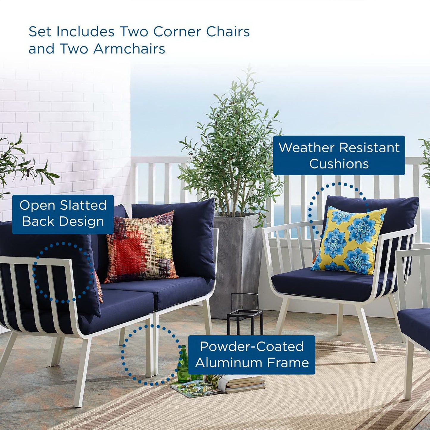 Riverside 4 Piece Outdoor Patio Aluminum Set in White Navy by Modway (3787)