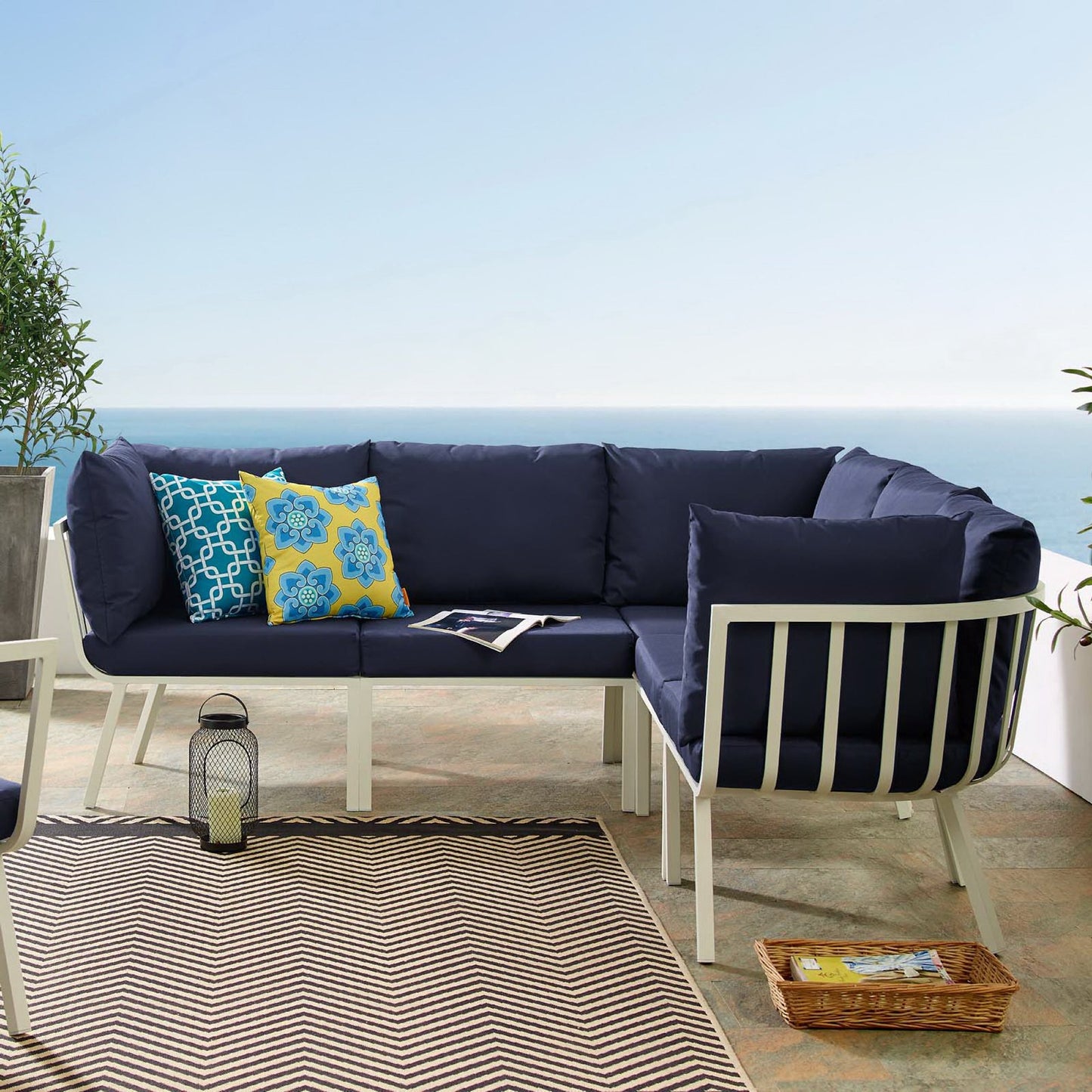 Riverside 5 Piece Outdoor Patio Aluminum Sectional in White Navy by Modway (3789)
