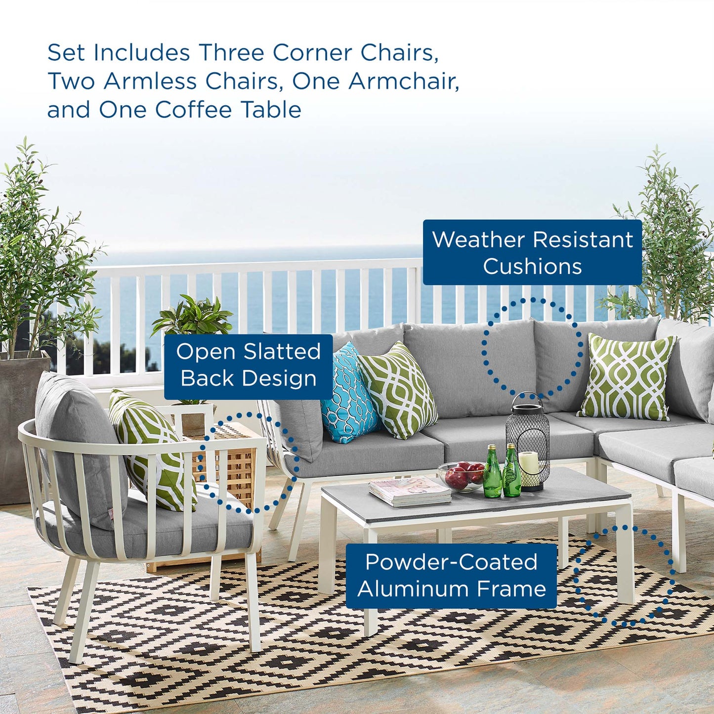 Riverside 7 Piece Outdoor Patio Aluminum Set in White Gray by Modway (3790)