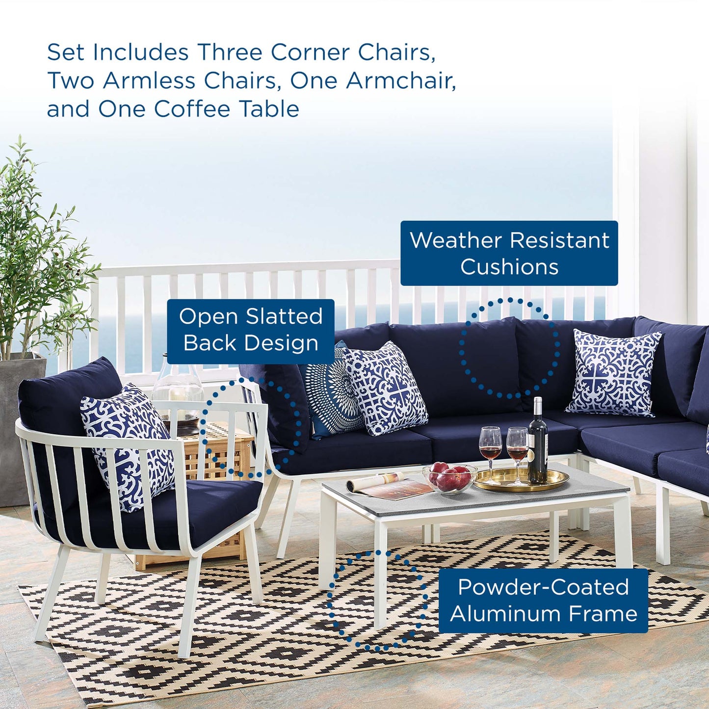 Riverside 7 Piece Outdoor Patio Aluminum Set in White Navy by Modway (3790)