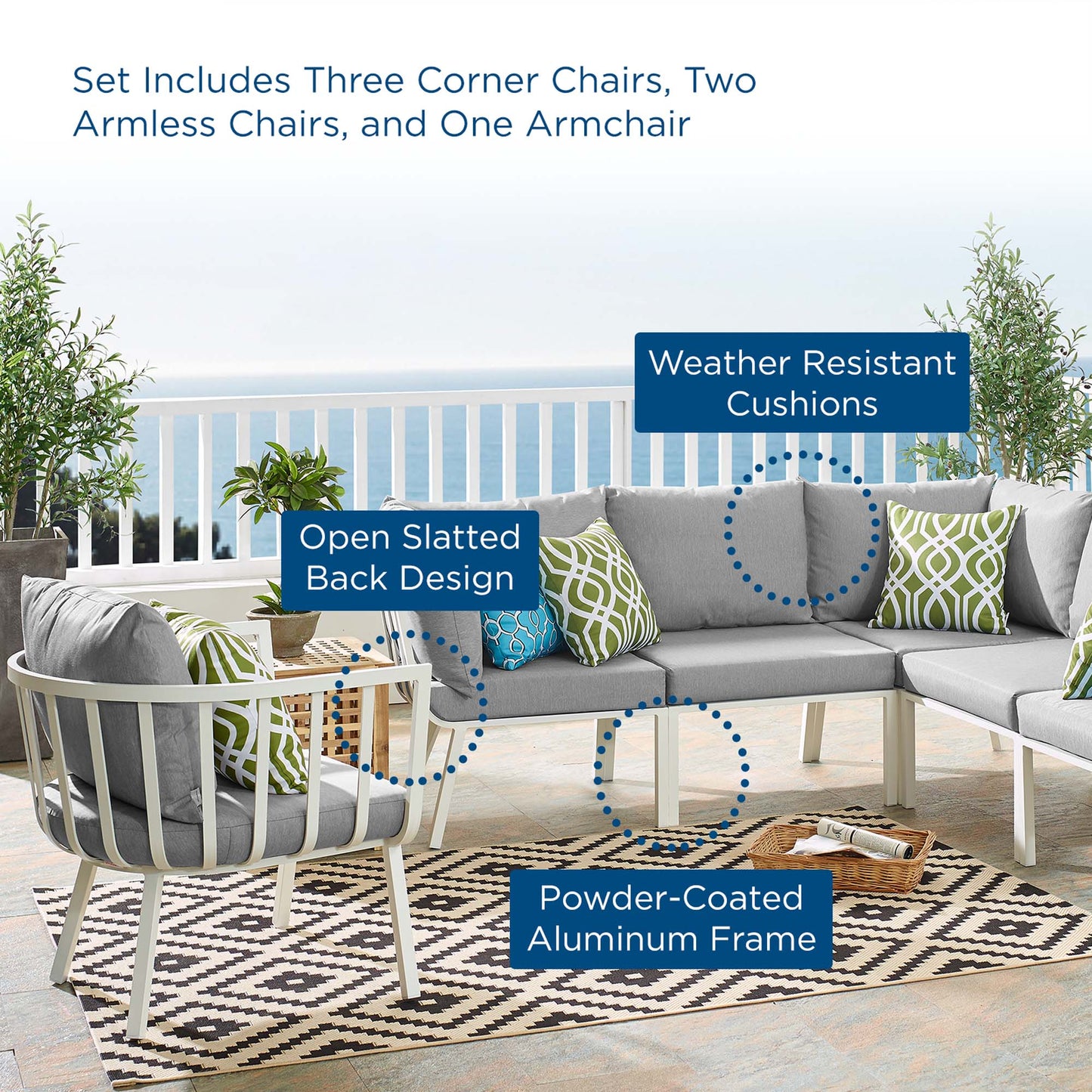 Riverside 6 Piece Outdoor Patio Aluminum Set in White Gray by Modway (3791)