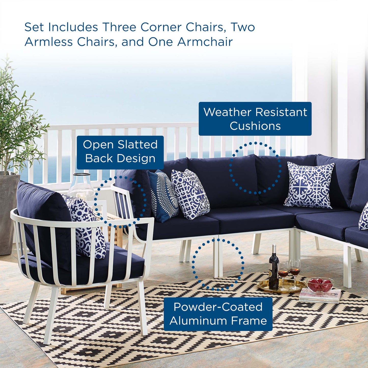 Riverside 6 Piece Outdoor Patio Aluminum Set in White Navy by Modway (3791)