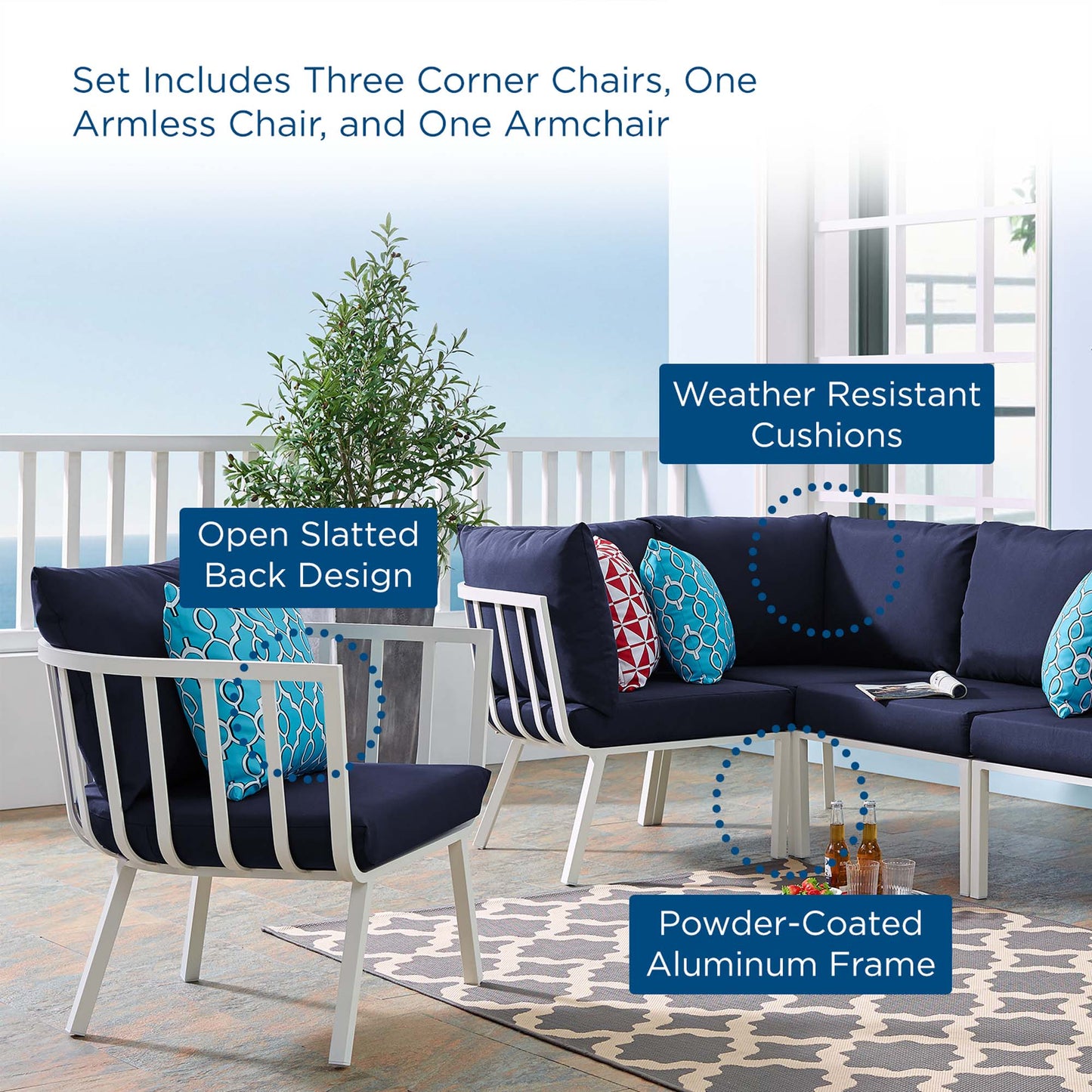 Riverside 5 Piece Outdoor Patio Aluminum Set in White Navy by Modway (3792)