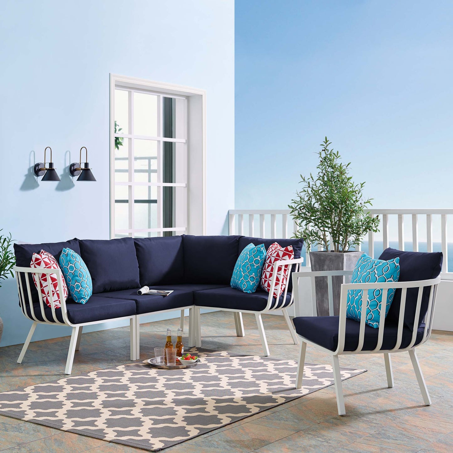 Riverside 5 Piece Outdoor Patio Aluminum Set in White Navy by Modway (3792)