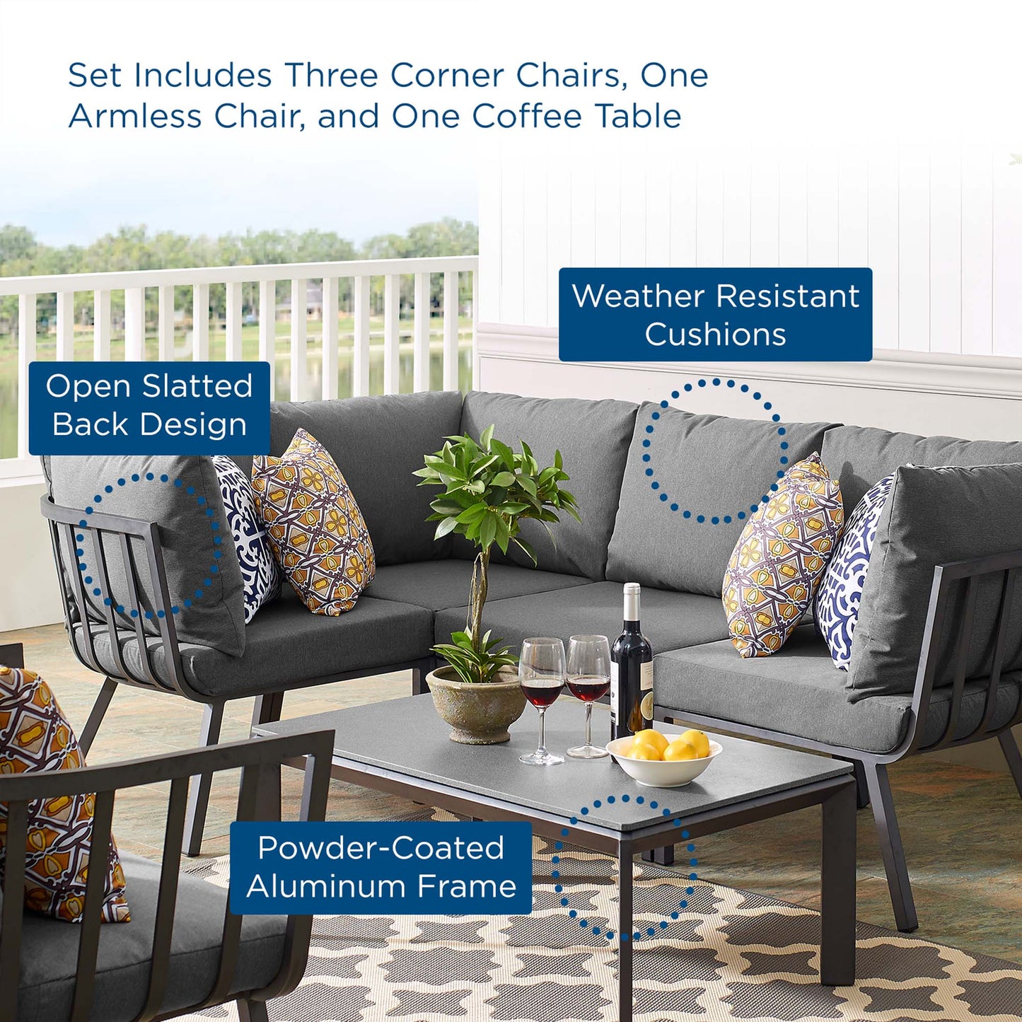 Riverside 5 Piece Outdoor Patio Aluminum Set in Gray Charcoal by Modway (3793)