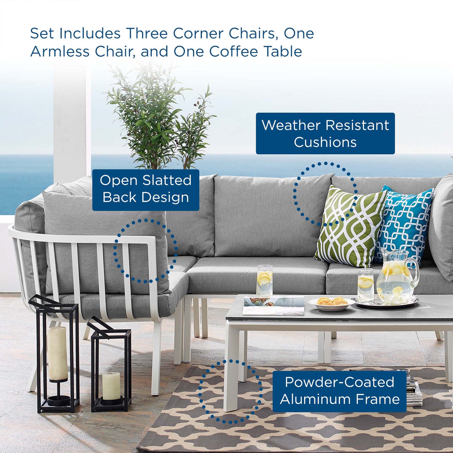 Riverside 5 Piece Outdoor Patio Aluminum Set in White Gray by Modway (3793)