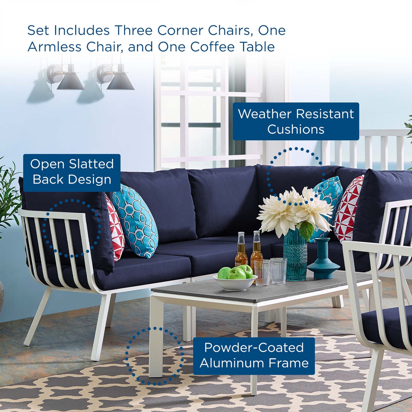 Riverside 5 Piece Outdoor Patio Aluminum Set in White Navy by Modway (3793)