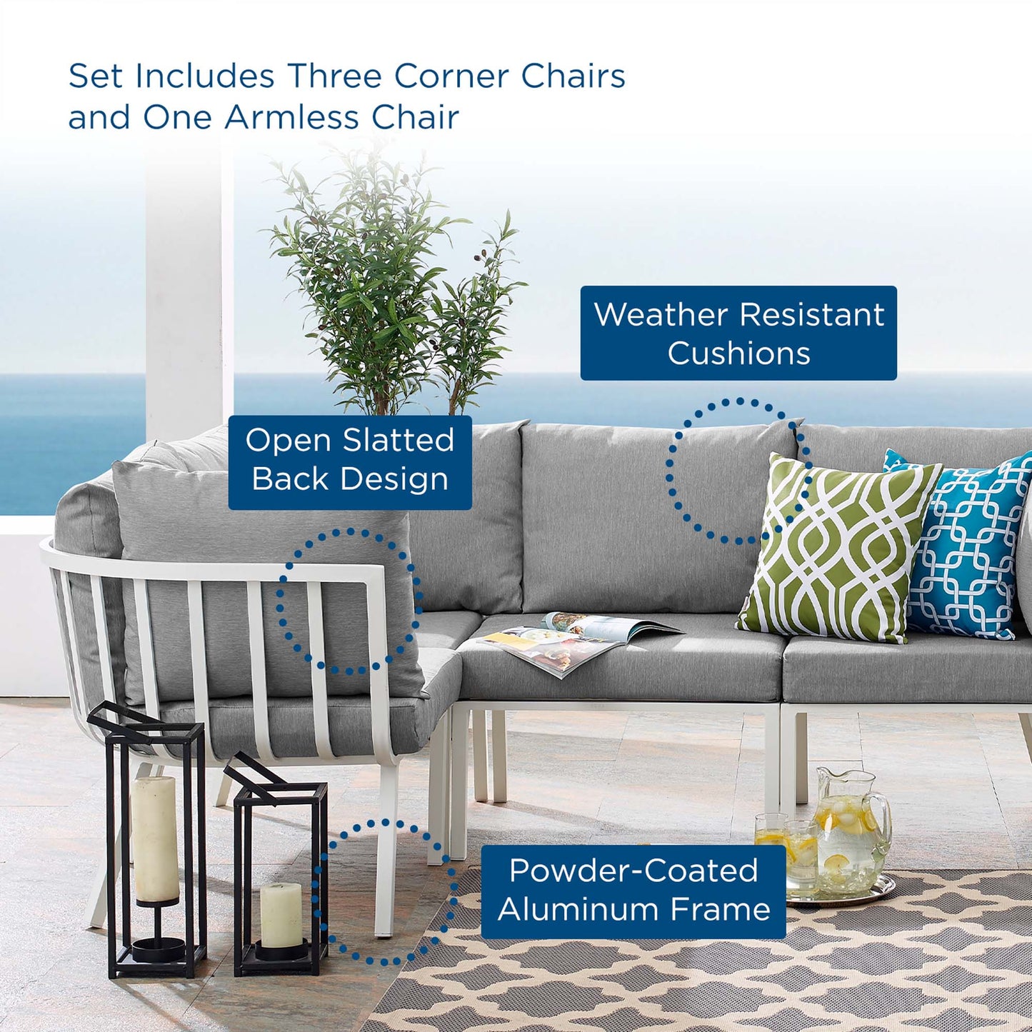 Riverside 4 Piece Outdoor Patio Aluminum Sectional in White Gray by Modway (3794)