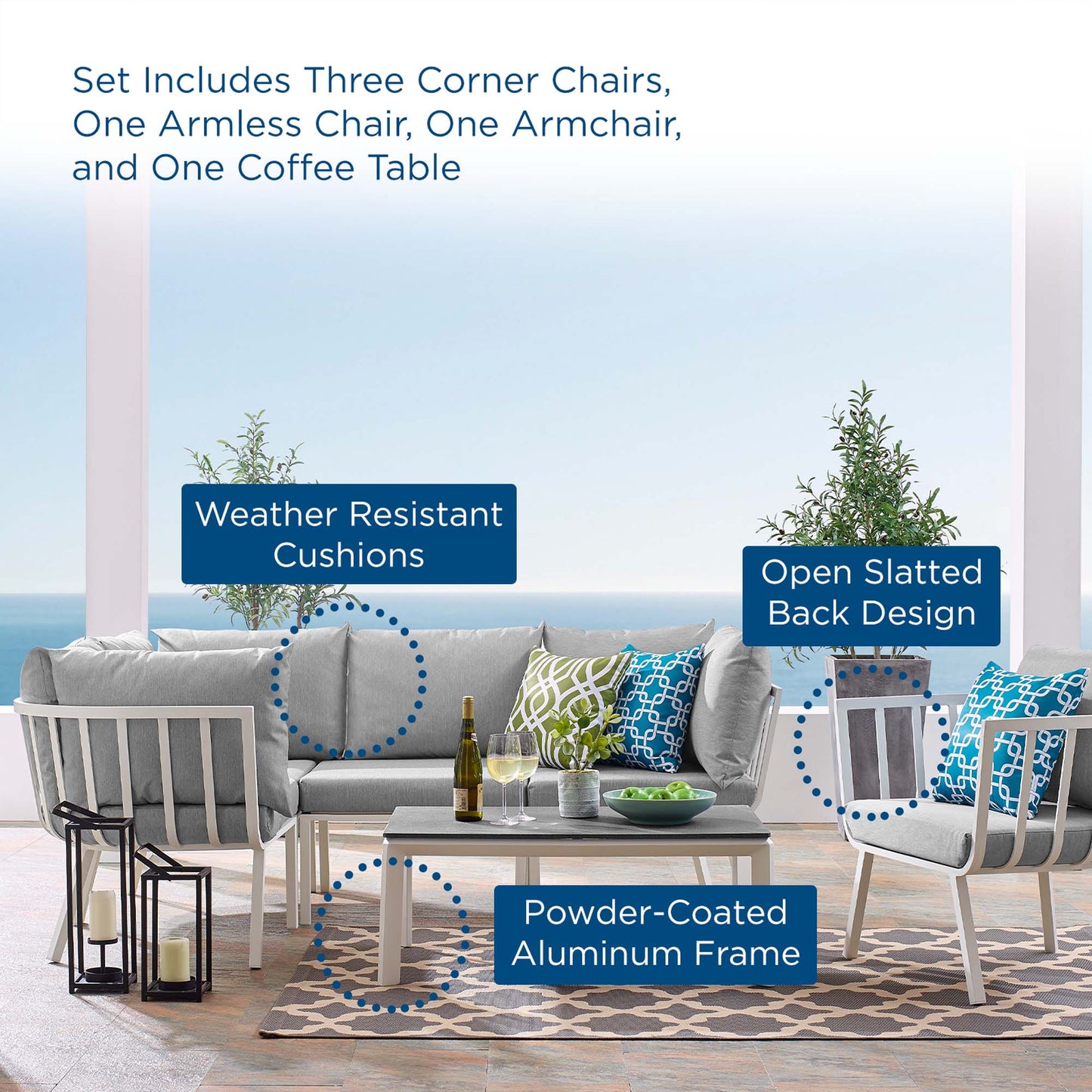 Riverside 6 Piece Outdoor Patio Aluminum Set in White Gray by Modway (3795)