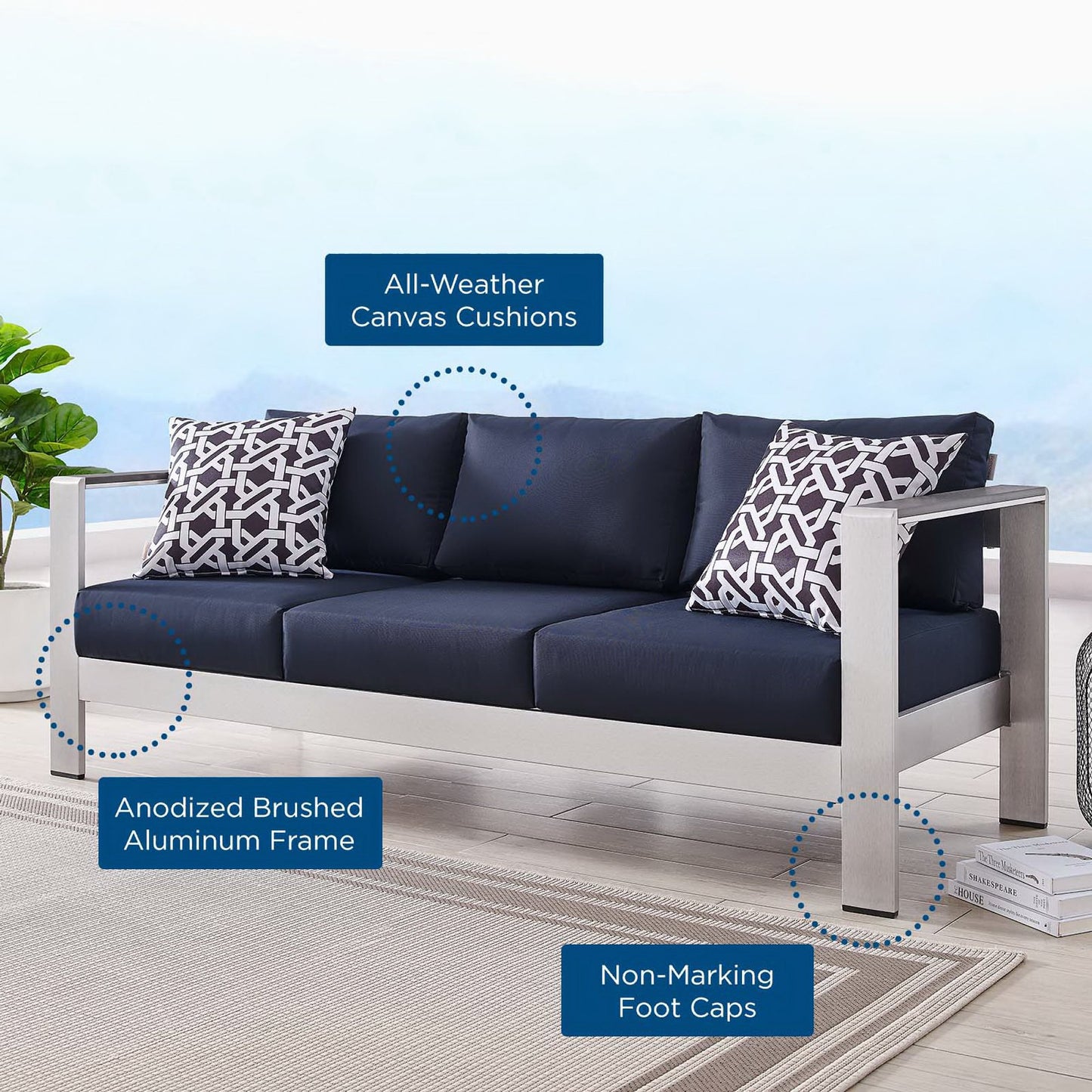 Shore Outdoor Patio Aluminum Sofa in Silver Navy by Modway (3917)