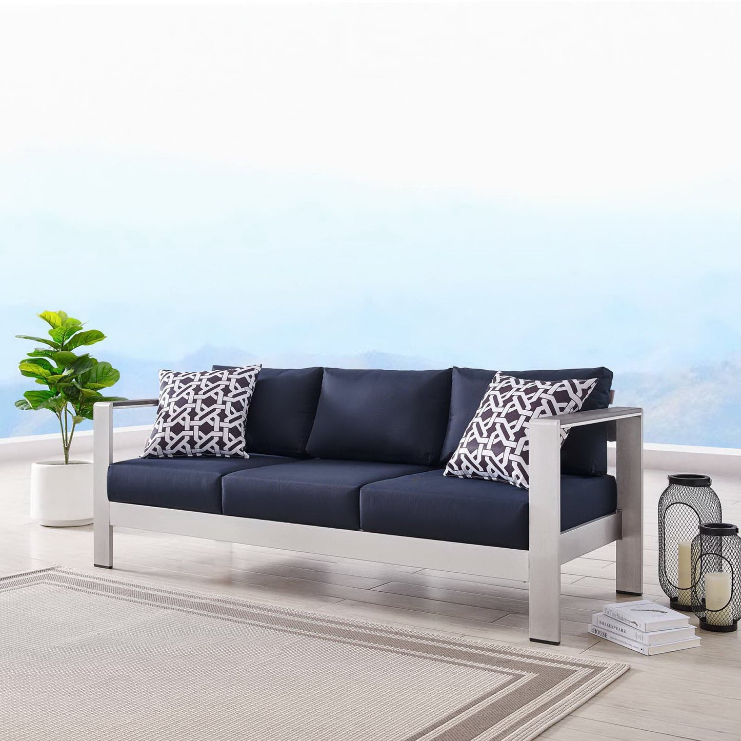 Shore Outdoor Patio Aluminum Sofa in Silver Navy by Modway (3917)