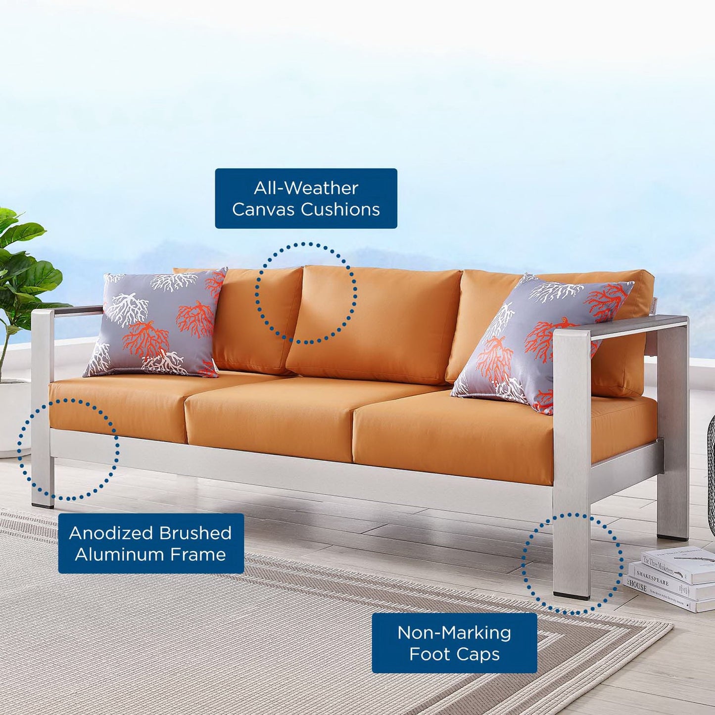 Shore Outdoor Patio Aluminum Sofa in Silver Orange by Modway (3917)