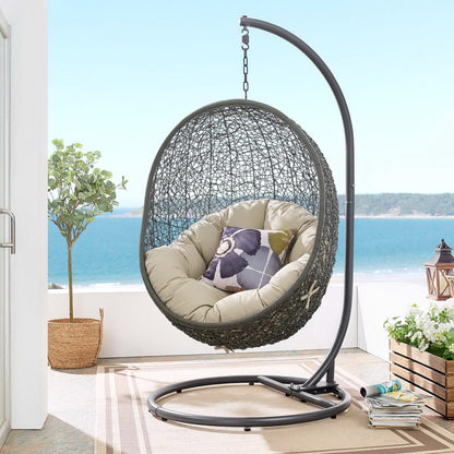 Hide Outdoor Patio Sunbrella Swing Chair With Stand in Gray Beige by Modway (3929)
