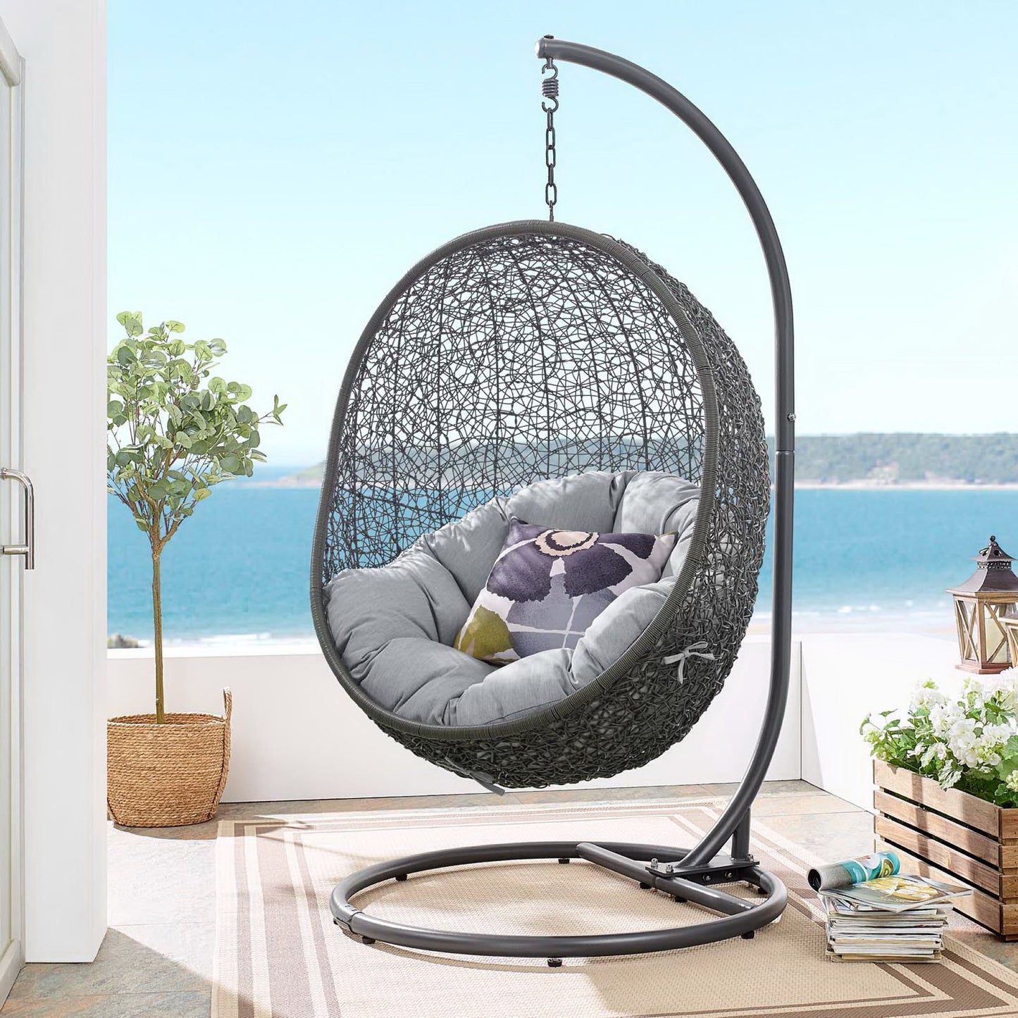 Hide Outdoor Patio Sunbrella Swing Chair With Stand in Gray by Modway (3929)