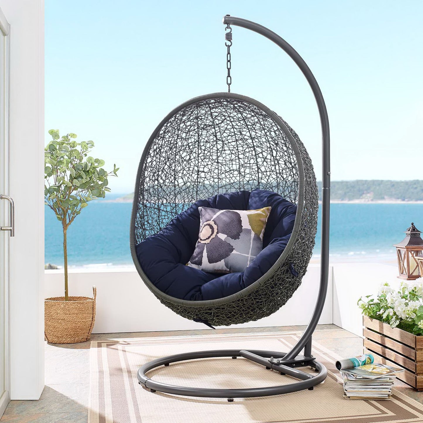 Hide Outdoor Patio Sunbrella Swing Chair With Stand in Gray Navy by Modway (3929)