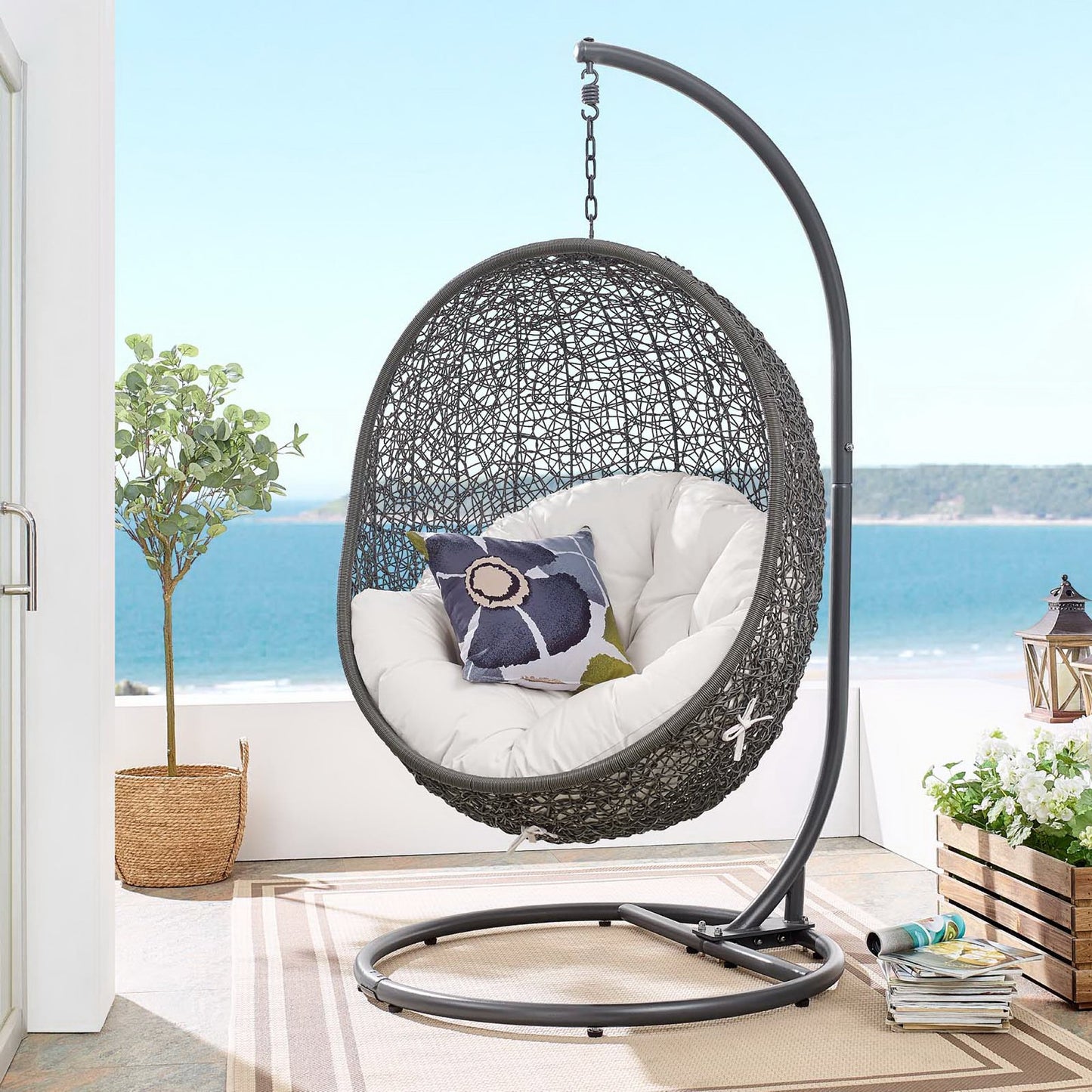 Hide Outdoor Patio Sunbrella Swing Chair With Stand in Gray White by Modway (3929)