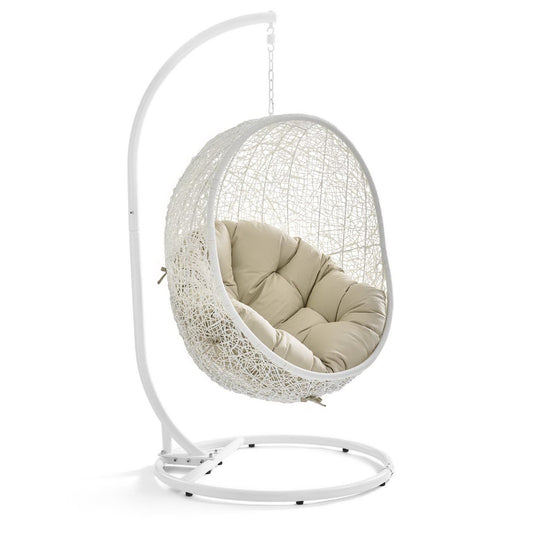 Hide Outdoor Patio Sunbrella Swing Chair With Stand in White Beige by Modway (3929)